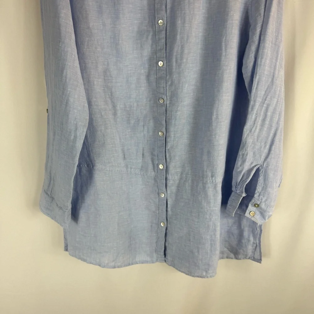 Tahari French blue 100% linen tunic shirt top split hem S Button -Up Top - Picture 5 of 14